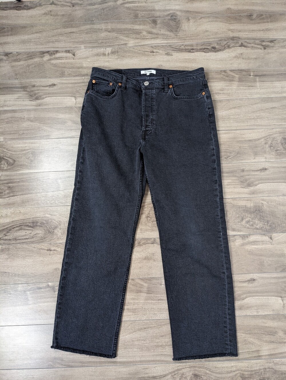 Re/Done Washed Black button Fly Straight Leg Jeans Size 31 Stovepipe Ankle